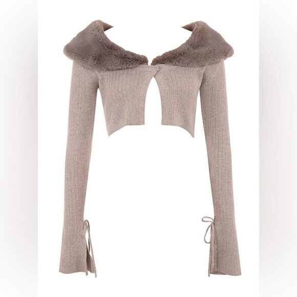 House of CB Fur Trim Knit Cashmere Crop Cardigan S - Camel / Dark Beige - Picture 2 of 5